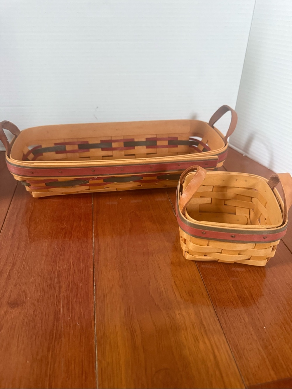 2 VTG Longaberger American Traditions Rectangle & Square Basket Leather Handles
